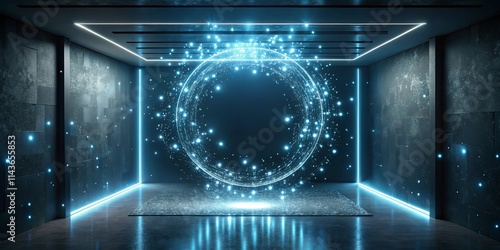 Futuristic Portal in a Dark Room with Glowing Particles and Neon Lights