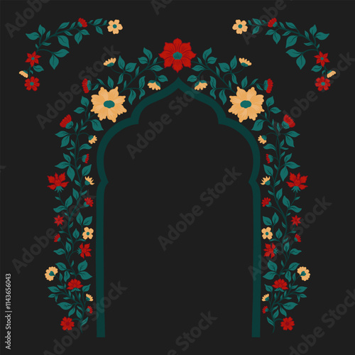 Mughal decorative arch ornamental floral. Vintage intricate traditional mughal style with flowers and foliage.