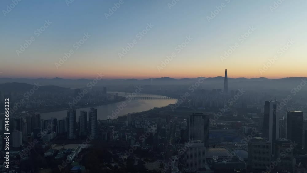 Aerial View of Seoul city in Sunrise of South Korea, Gangnam financial district, Winter Aerial View of Seoul city in Sunrise of South Korea, Gangnam financial district, Winter