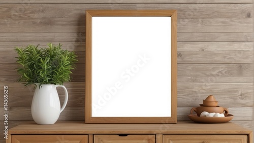 Wooden Frame With Plants And Pottery On Wooden Cabinet