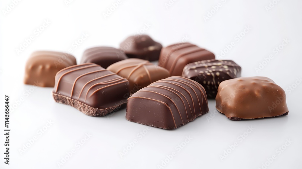 A variety of chocolate confections arranged on a white background, showcasing different textures and shapes. A variety of chocolate confections arranged on a white background, showcasing different textures and shapes.