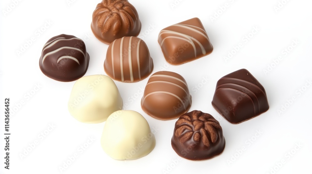 An assortment of delicious chocolates in various shapes and colors, including dark, milk, and white chocolate varieties. An assortment of delicious chocolates in various shapes and colors, including dark, milk, and white chocolate varieties.