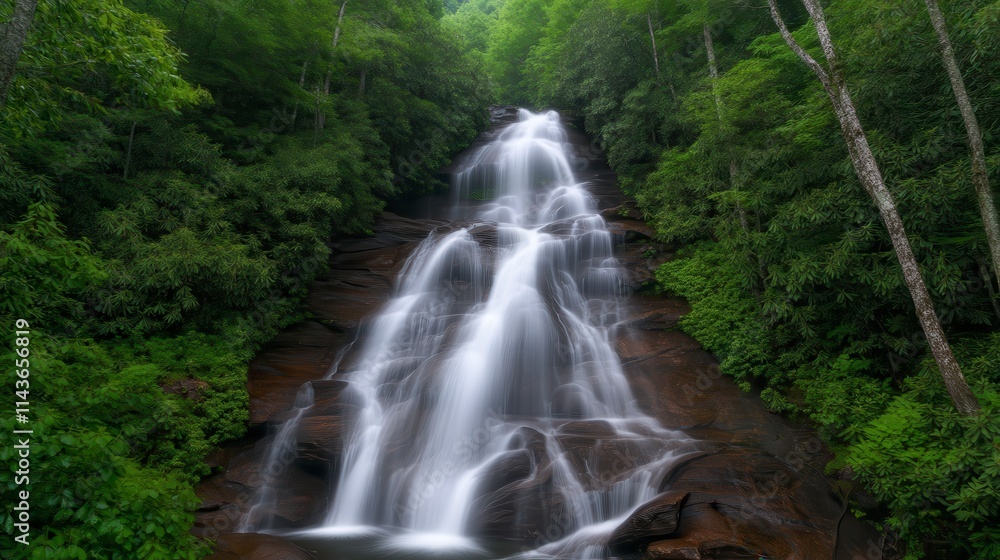 Obraz premium A serene waterfall cascades down rocky cliffs, surrounded by lush green foliage, creating a tranquil natural scene.