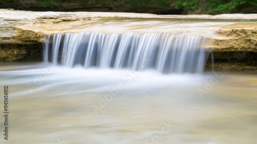 A serene waterfall cascades over smooth rocks, creating a tranquil scene amidst lush greenery.