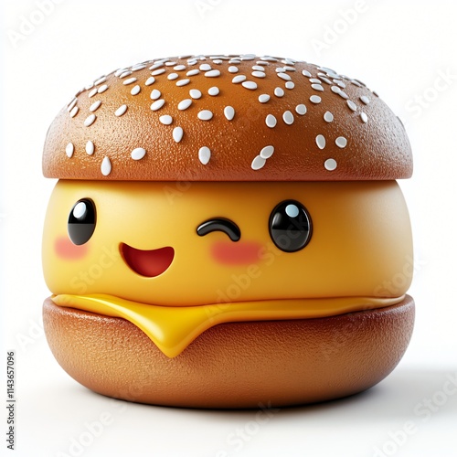 Isolated 3D cartoon cheeseburger with lettuce, tomato, and beef patty on a white bun, perfect for fast food meal or snack photo