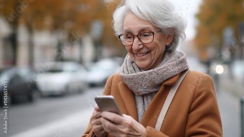 Relaxed mature old 60s woman, older middle aged female customer holding smartphone using mobile app, texting message
 photo