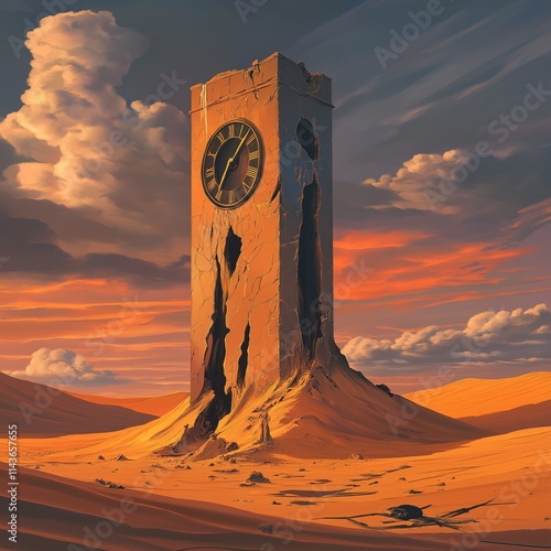 Time's Crumbling Legacy: A solitary clock tower, its once proud face now cracked and weathered, stands sentinel in a desolate desert landscape. Its hands frozen in time, it speaks of a forgotten past. photo