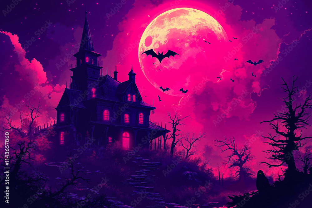 A haunted house with bats flying around it in front of a full moon A haunted house with bats flying around it in front of a full moon
