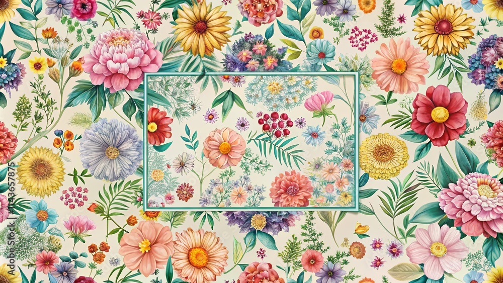 Vibrant floral botanical illustration featuring a diverse array of blossoms and foliage, perfect for textile designs or wallpaper Vibrant floral botanical illustration featuring a diverse array of blossoms and foliage, perfect for textile designs or wallpaper