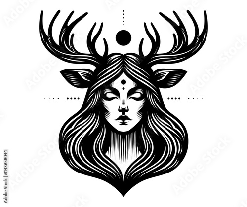 An illustration of female head with deer antler in white background. Horror and mystery element design. Vector graphic.