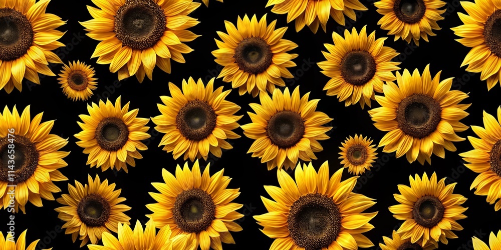 Vibrant Yellow Sunflowers on a Dark Background, a Striking Floral Pattern Ideal for Textile Designs and Decorative Purposes Vibrant Yellow Sunflowers on a Dark Background, a Striking Floral Pattern Ideal for Textile Designs and Decorative Purposes