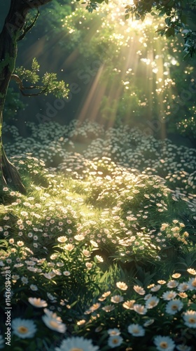 Wallpaper Mural Sunlight beams through the canopy of a lush verdant forest illuminating a tranquil meadow carpeted with blooming white daisies and surrounded by vibrant foliage and towering trees  This enchanting Torontodigital.ca
