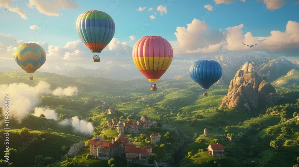 Fototapeta premium A serene landscape with colorful hot air balloons floating over a picturesque village and mountains.