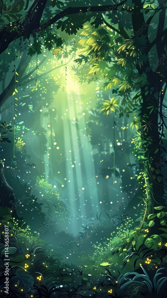 Obraz premium Enchanting sunlit forest with magical glowing rays filtering through the lush verdant foliage A serene fairytale like landscape conveying a sense of tranquility wonder and natural beauty