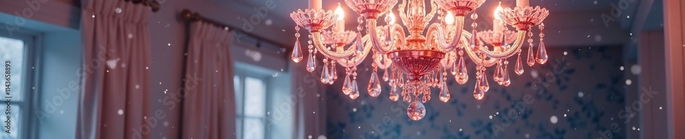 Obraz premium A stunning rose gold and pink crystal chandelier hanging from a snowy ceiling, rose gold, snow, crystals