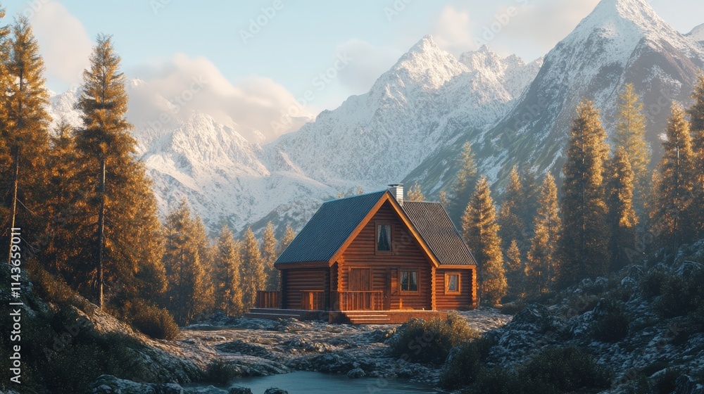 Fototapeta premium a cozy wooden cabin surrounded by towering pine trees in the mountains, nestled in a serene alpine landscape with snow-capped peaks in the distance, smoke gently rising from the cabin's chimney, creat