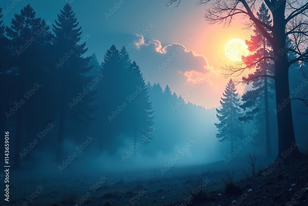 Fototapeta premium Atmospheric blue gradient background with misty sun rays and a mystical forest landscape, sun, atmospheric