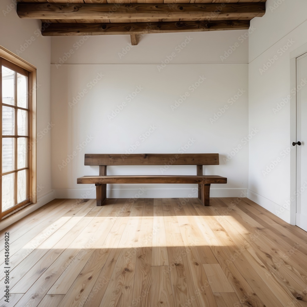 Wooden bench in a minimalist bright room Wooden bench in a minimalist bright room