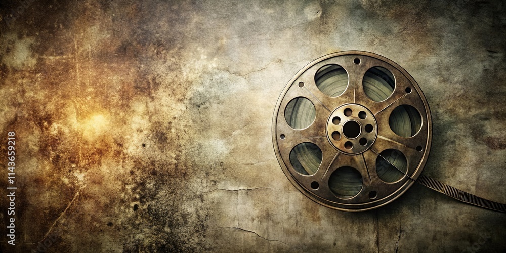 Obraz premium Vintage Film Reel on Weathered Surface A Nostalgic Cinematic Background