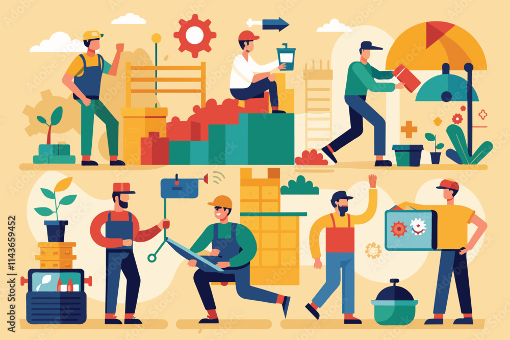 Men collaborate in a workshop, performing tasks like building, planting, and organizing materials Men's work process is important and can be represented through flat illustrations. Men collaborate in a workshop, performing tasks like building, planting, and organizing materials Men's work process is important and can be represented through flat illustrations.