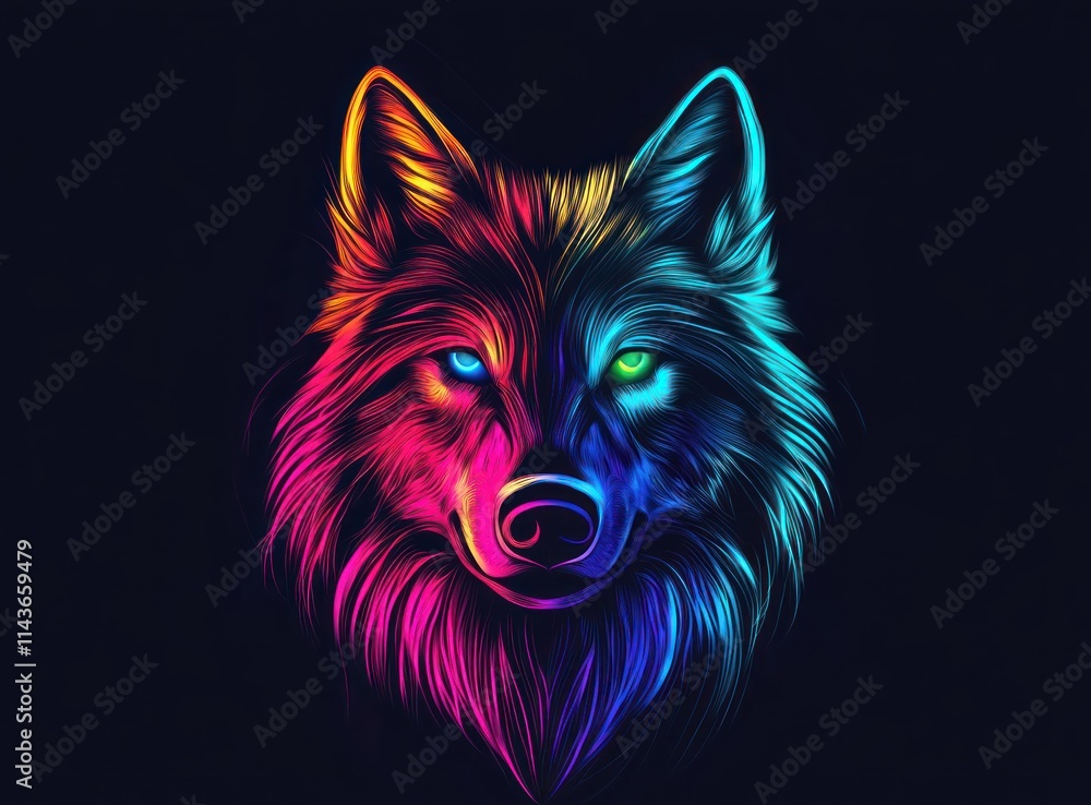 Fototapeta A neon wolf face, glowing with vibrant colors against the dark background