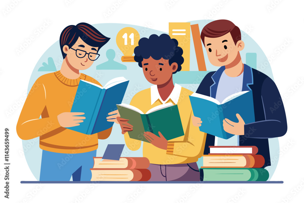 Three men engage in focused study, surrounded by books, preparing for upcoming exams in a cozy setting Men study for exams by reading books. Three men engage in focused study, surrounded by books, preparing for upcoming exams in a cozy setting Men study for exams by reading books.