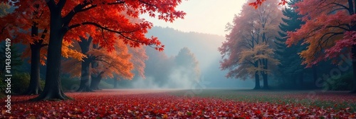 Autumn fog shrouds a tranquil forest with colorful leaves, red maple leaves, autumnal landscape