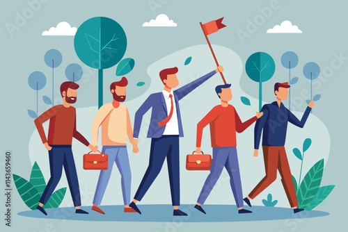 A group of men carries briefcases and follows a leader holding a flag in a vibrant outdoor setting Men seek and follow the rules, illustrated flatly.
