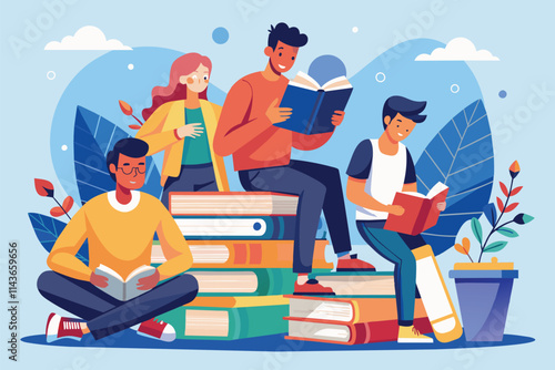 Four individuals focused on reading various popular books as they prepare for upcoming exams Men study for exams by reading books.