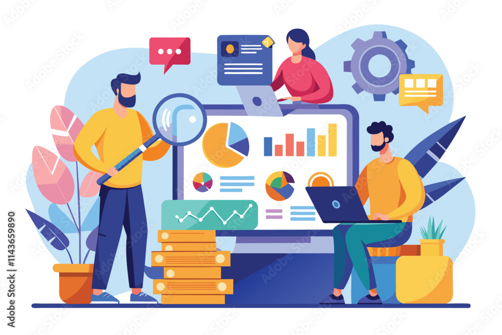 Three men collaborate on data analysis, using laptops and charts in a contemporary workspace Men work and analyze data themselves, flat illustration. Three men collaborate on data analysis, using laptops and charts in a contemporary workspace Men work and analyze data themselves, flat illustration.
