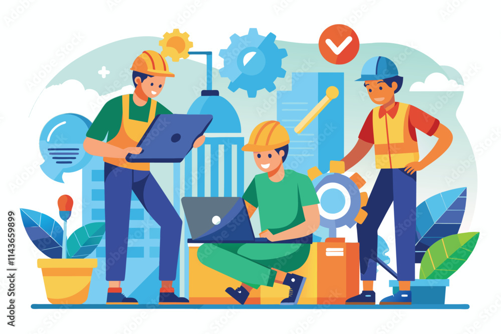 Three men work together on a technology project, sharing ideas and using a laptop in a bright office Men working together as a team, illustrated flatly. Three men work together on a technology project, sharing ideas and using a laptop in a bright office Men working together as a team, illustrated flatly.
