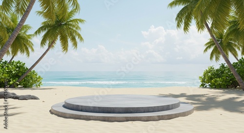 A circular concrete podium nestled amidst lush palm trees and a pristine beach creates a tranquil tropical setting, perfect for product photography or travel inspiration