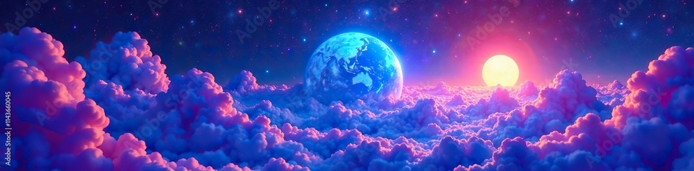 a vibrant blue planet with swirling purple clouds and a radiant sun, whimsical, playful a vibrant blue planet with swirling purple clouds and a radiant sun, whimsical, playful
