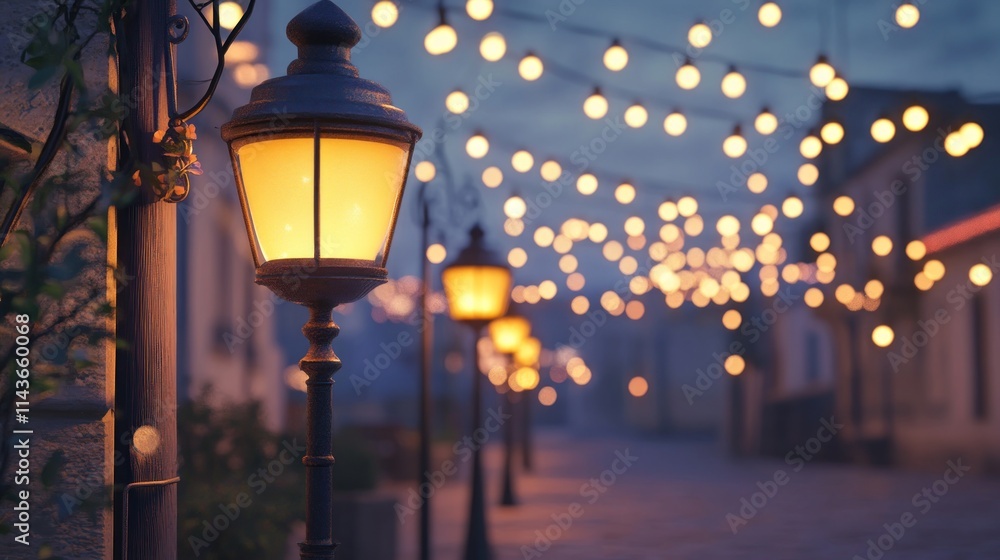 Street Lights and String Lights at Dusk Street Lights and String Lights at Dusk
