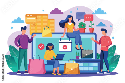 A group of millennials enjoy online shopping with vibrant visuals, laptops, and shopping bags around them Millennials prefer to shop online and like flat illustrations.