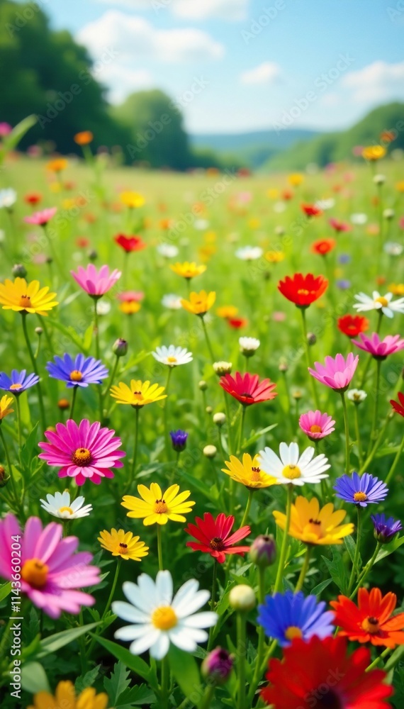 Obraz premium A vibrant meadow filled with a variety of blooming wildflowers, flower field, wildflower meadow, natural scenery