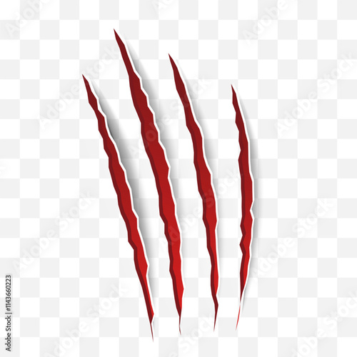 Cat scratch icon. Realistic red animal claw mark isolated on transparent background. Lion or tiger flat scratch marks. Cracks from scratches of animal claws. Vector illustration.