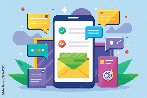 A colorful mobile inbox displays various messages and notifications in a digital format, inviting engagement Mobile inbox with customizable flat illustration.