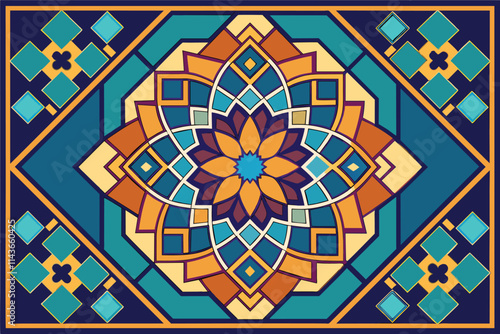 This artwork features a detailed Arab mosaic pattern with bold colors and symmetrical designs, highlighting culture Modern Arab mosaic pattern illustration