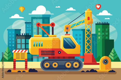 A bright illustration features construction machinery actively working on urban infrastructure in a city modern construction machinery, flat Illustration