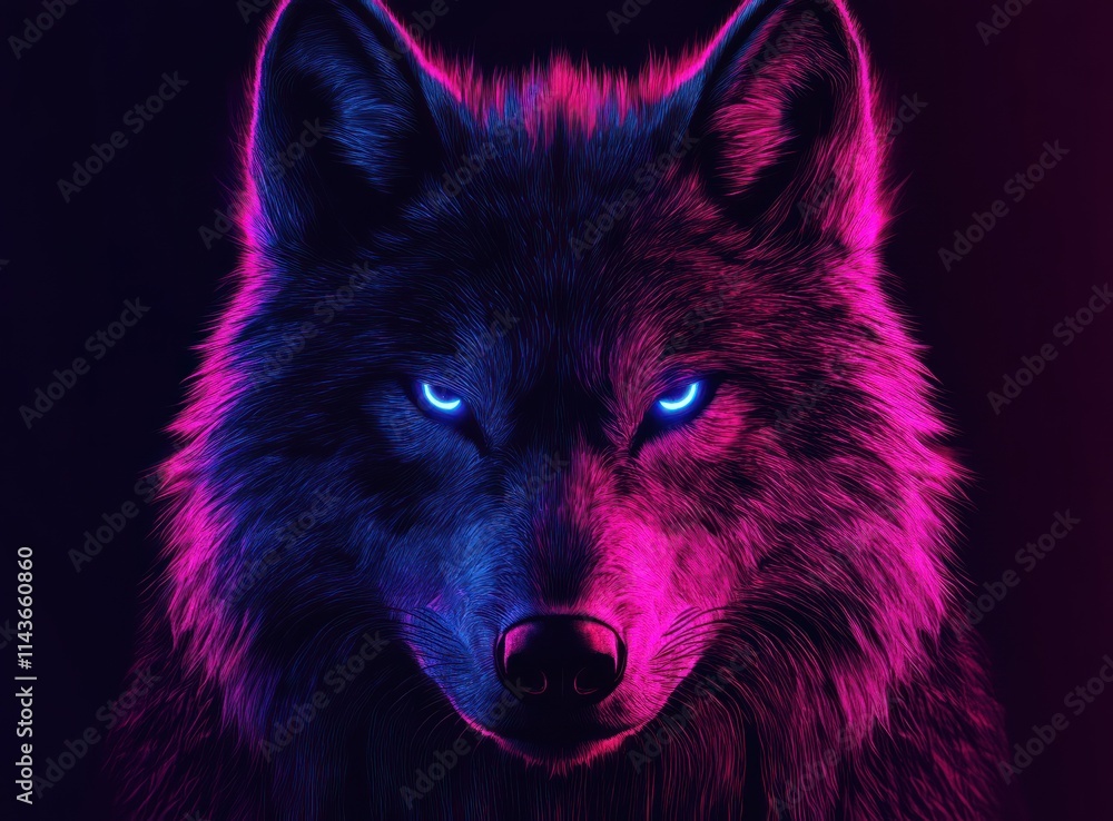 A neon wolf face, glowing with vibrant colors against the dark background A neon wolf face, glowing with vibrant colors against the dark background