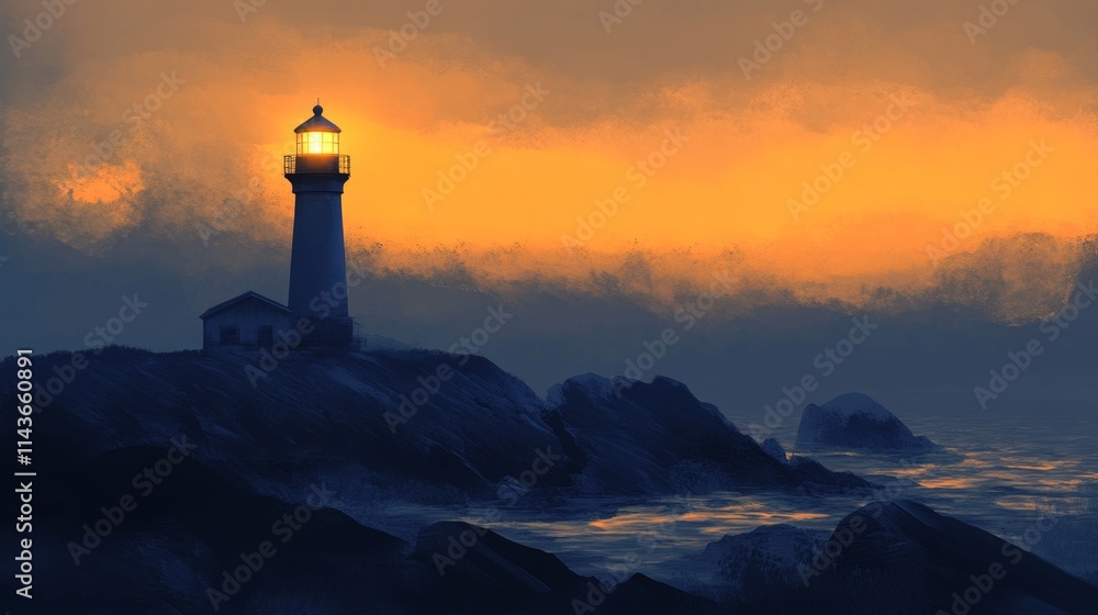 a lone lighthouse on a rocky shore, illuminated by the golden glow of dusk, the soft light reflecting off the ocean waves as the sky turns to shades of orange and pink, creating a peaceful yet dramati a lone lighthouse on a rocky shore, illuminated by the golden glow of dusk, the soft light reflecting off the ocean waves as the sky turns to shades of orange and pink, creating a peaceful yet dramati