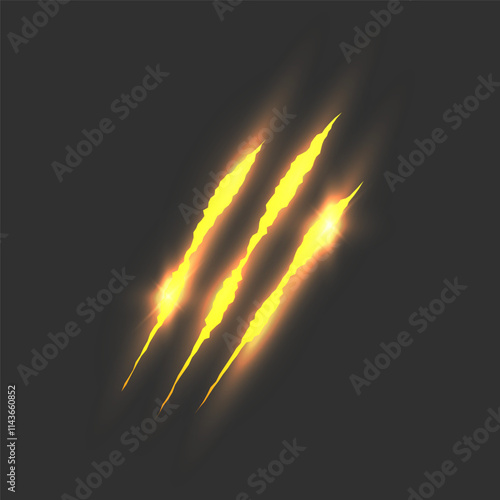 Cat scratch. Realistic gold animal claw mark isolated on black background. Lion or tiger flat scratch marks. Cracks from scratches of animal claws. Vector illustration.