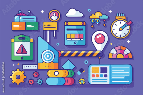 Colorful flat illustrations showcase various design elements including gears, clocks, and interface icons More customizable flat illustrations to load.