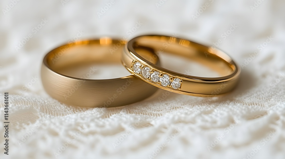 Two gold wedding rings with diamonds on lace. Two gold wedding rings with diamonds on lace.