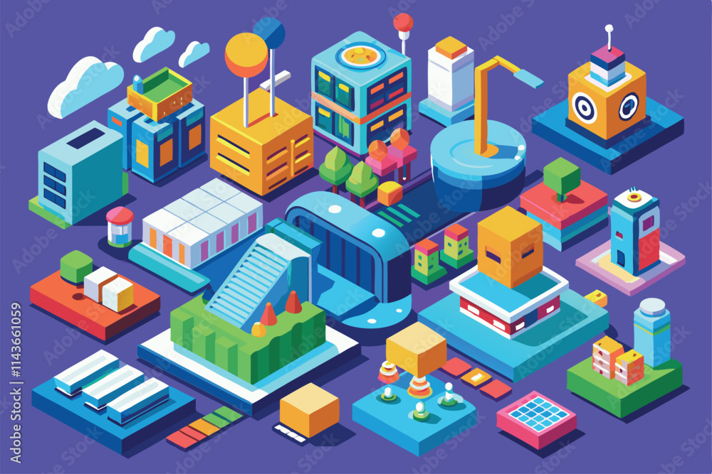 This artwork features a lively city layout with diverse buildings, greenery, and fun visual elements More customizable isometric illustrations available. This artwork features a lively city layout with diverse buildings, greenery, and fun visual elements More customizable isometric illustrations available.