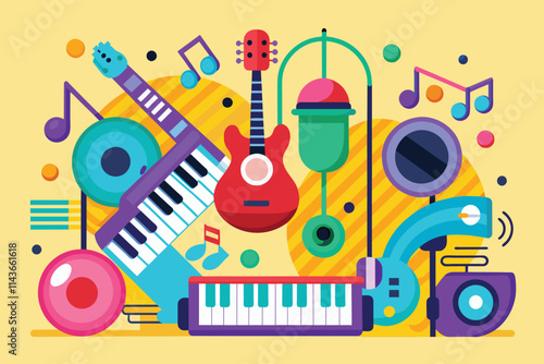 A lively arrangement of various musical instruments and notes fills the space with rhythm and harmony Music, flat illustration