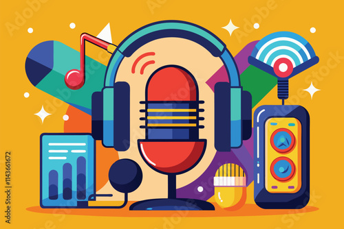 A vibrant illustration showcasing a microphone, headphones, and audio gear, perfect for a music podcast theme Music podcast theme vector illustration