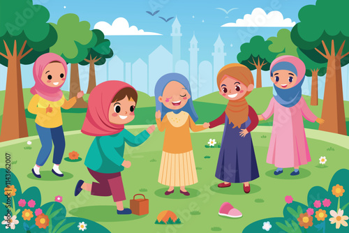 Five Muslim girls are happily playing and laughing in a park filled with flowers and greenery Muslim girls playing in a park.