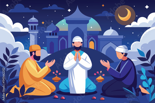 A group of Muslims engages in prayer at midnight, surrounded by a tranquil, stylized landscape Muslims praying at midnight in a flat illustration.
